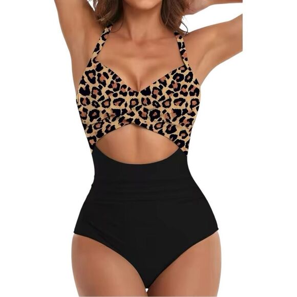 Other - Leopard Print and Black One Piece Swimsuit